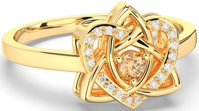 Diamond Citrine Gold Silver Celtic Trinity Knot Heart Ring