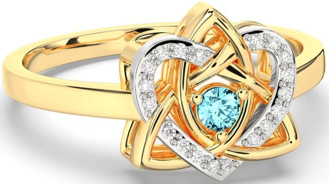 Diamond Aquamarine Gold Silver Celtic Trinity Knot Heart Ring