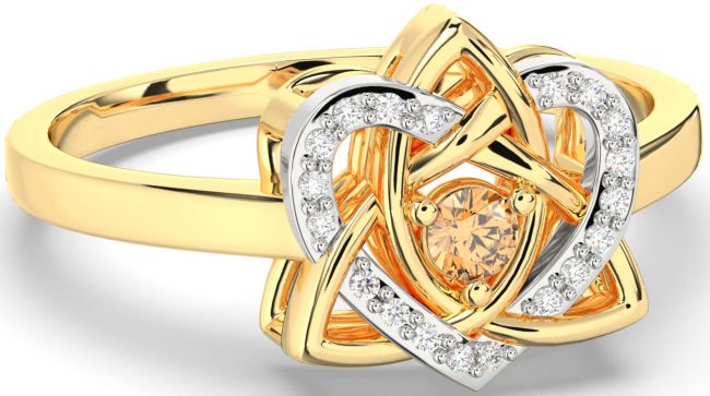 Diamond Citrine Gold Silver Celtic Trinity Knot Heart Ring