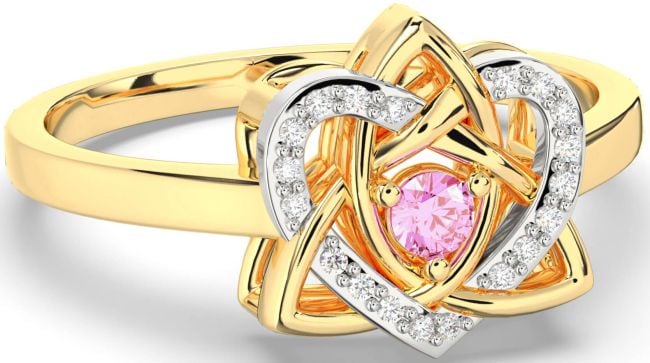 Diamond Pink Tourmaline Gold Silver Celtic Trinity Knot Heart Ring