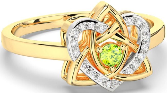 Diamond Peridot Gold Silver Celtic Trinity Knot Heart Ring