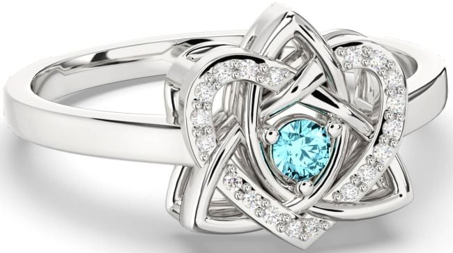 Diamond Aquamarine Silver Celtic Trinity Knot Heart Ring