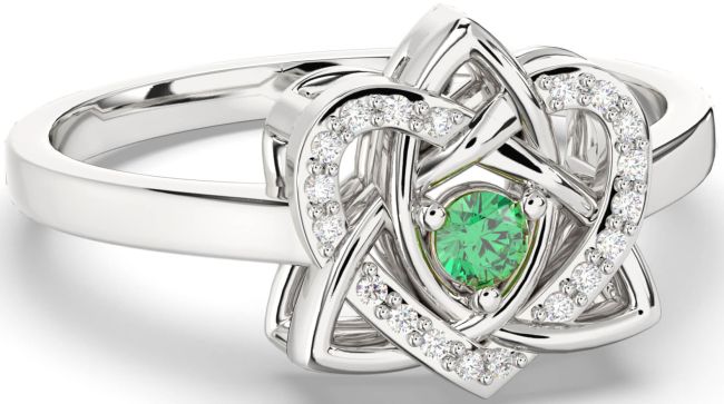 Diamond Emerald Silver Celtic Trinity Knot Heart Ring