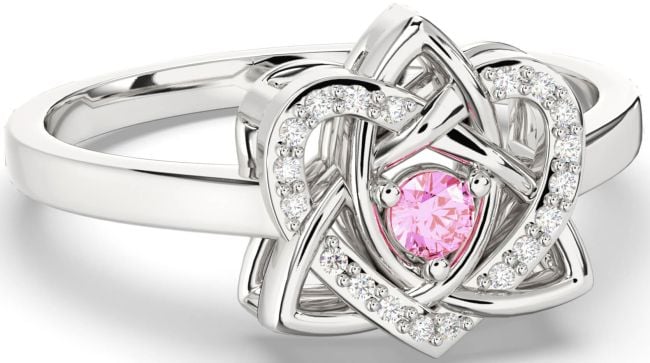 Diamond Pink Tourmaline Silver Celtic Trinity Knot Heart Ring