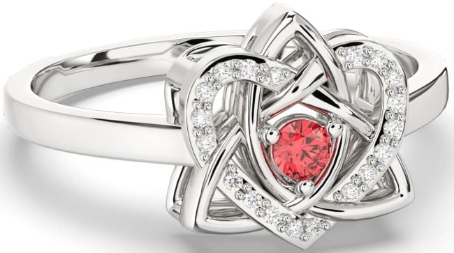 Diamond Ruby Silver Celtic Trinity Knot Heart Ring