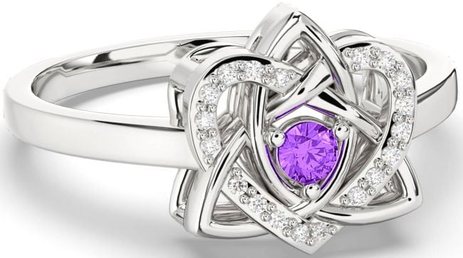 Diamond Amethyst White Gold Celtic Trinity Knot Heart Ring