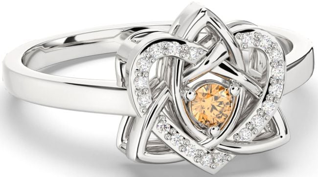 Diamond Citrine White Gold Celtic Trinity Knot Heart Ring