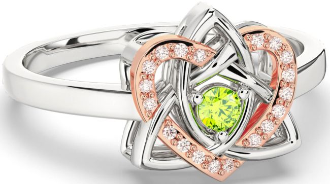 Diamond Peridot White Rose Gold Celtic Trinity Knot Heart Ring