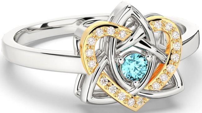 Diamond Aquamarine White Yellow Gold Celtic Trinity Knot Heart Ring