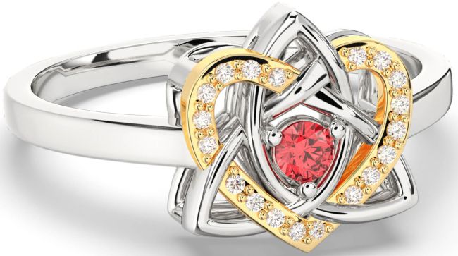 Diamond Ruby White Yellow Gold Celtic Trinity Knot Heart Ring