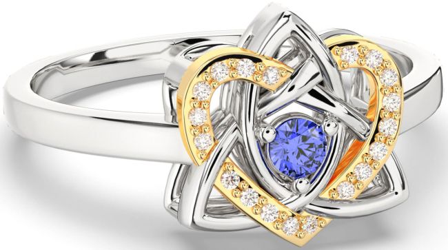 Diamond Sapphire White Yellow Gold Celtic Trinity Knot Heart Ring