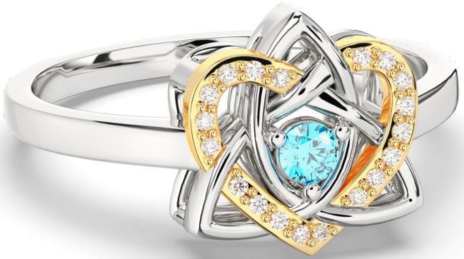 Diamond Topaz White Yellow Gold Celtic Trinity Knot Heart Ring