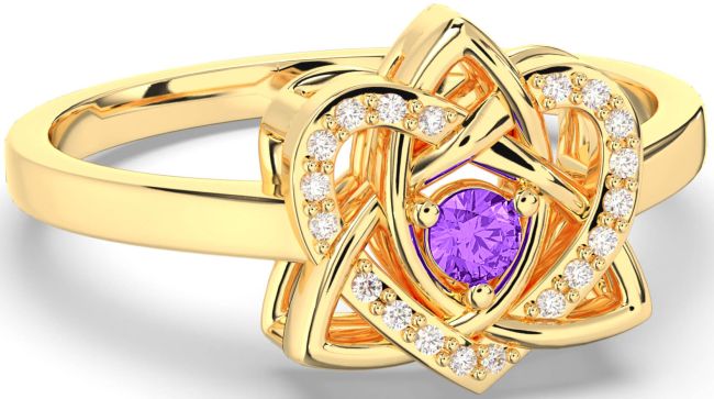 Diamond Amethyst Gold Celtic Trinity Knot Heart Ring