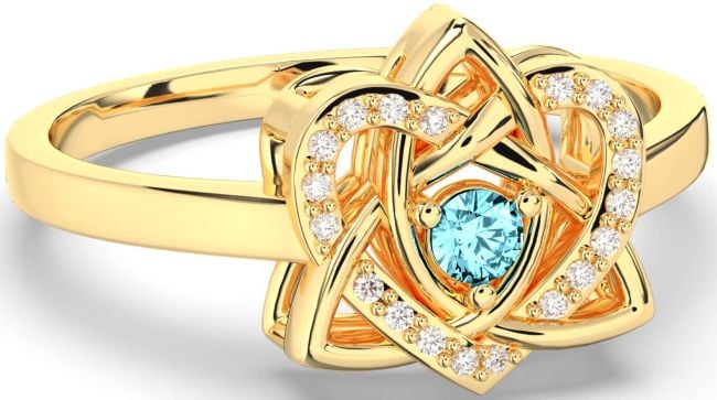 Diamond Aquamarine Gold Celtic Trinity Knot Heart Ring