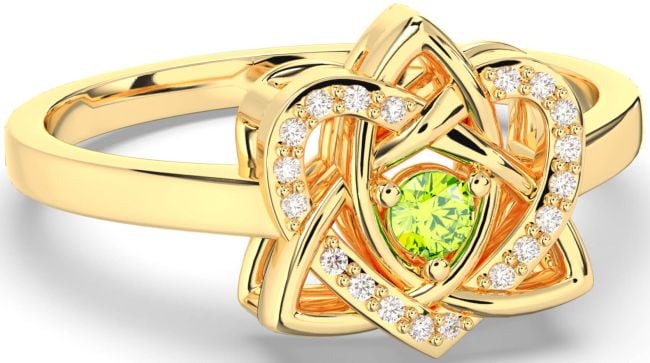 Diamond Peridot Gold Celtic Trinity Knot Heart Ring