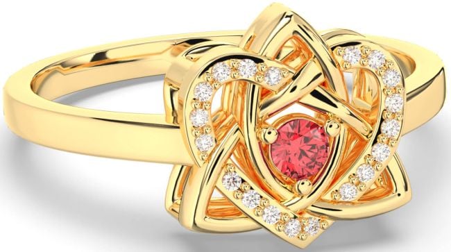 Diamond Ruby Gold Celtic Trinity Knot Heart Ring