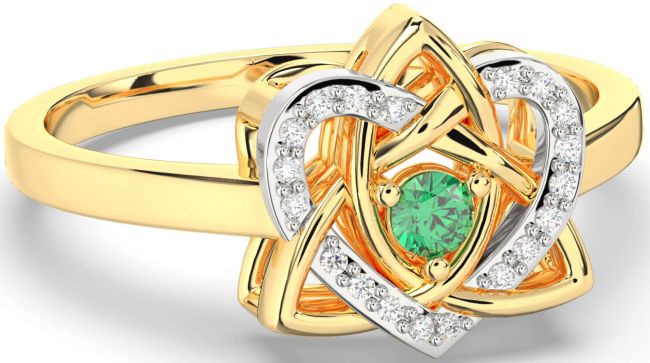 Diamond Emerald White Yellow Gold Celtic Trinity Knot Heart Ring