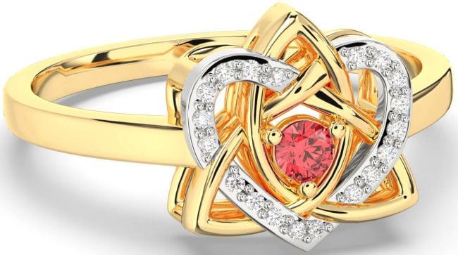 Diamond Ruby White Yellow Gold Celtic Trinity Knot Heart Ring