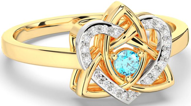 Diamond Topaz White Yellow Gold Celtic Trinity Knot Heart Ring