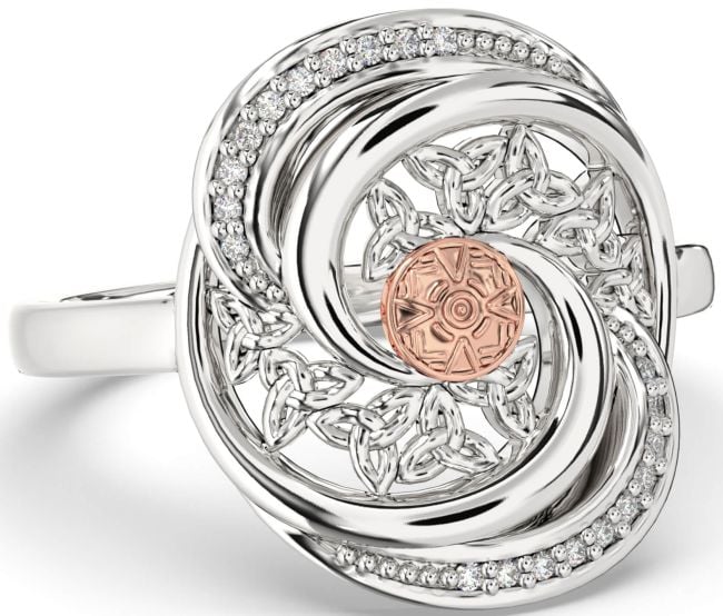 Diamond White Rose Gold Celtic Warrior Trinity Knot Ring Mens Ladies Unisex