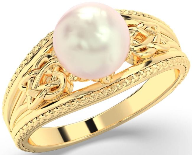 Gold Silver Celtic Trinity Knot Heart Pearl Ring