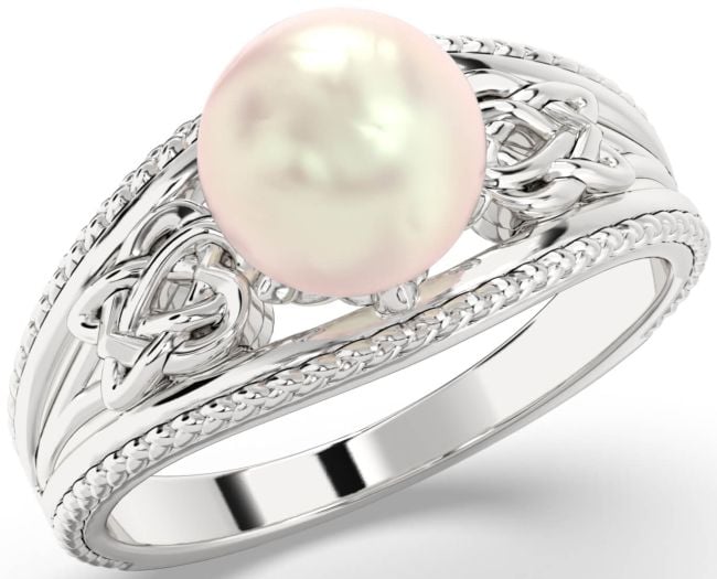 Silver Celtic Trinity Knot Heart Pearl Ring