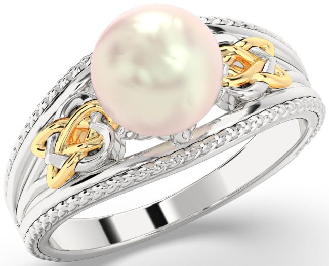 White Yellow Gold Celtic Trinity Knot Heart Pearl Ring