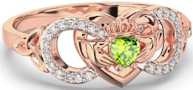 Diamond Peridot Rose Gold Infinity Claddagh Heart Celtic Trinity Knot Ring