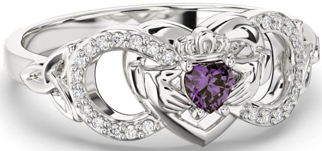 Diamond Alexandrite Silver Infinity Claddagh Heart Celtic Trinity Knot Ring