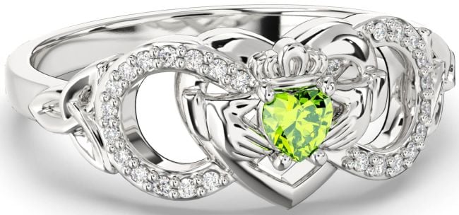 Diamond Peridot Silver Infinity Claddagh Heart Celtic Trinity Knot Ring