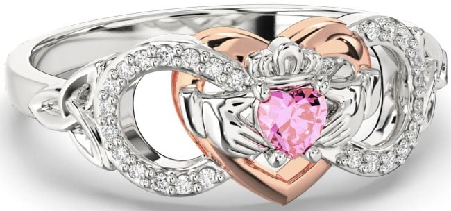 Diamond Pink Tourmaline Rose Gold Silver Infinity Claddagh Heart Celtic Trinity Knot Ring