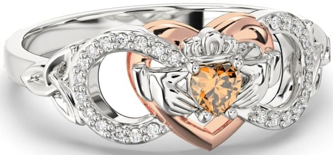 Diamond Citrine White Rose Gold Infinity Claddagh Heart Celtic Trinity Knot Ring