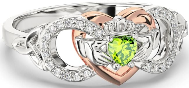 Diamond Peridot White Rose Gold Infinity Claddagh Heart Celtic Trinity Knot Ring