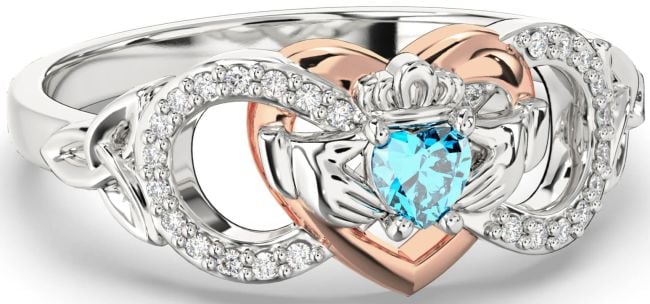 Diamond Topaz White Rose Gold Infinity Claddagh Heart Celtic Trinity Knot Ring