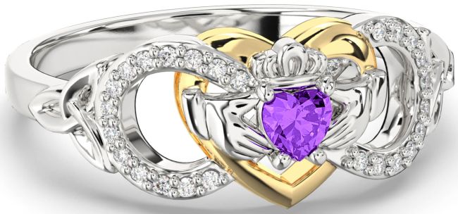 Diamond Amethyst White Yellow Gold Infinity Claddagh Heart Celtic Trinity Knot Ring