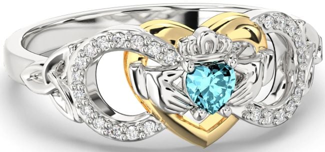 Diamond Aquamarine White Yellow Gold Infinity Claddagh Heart Celtic Trinity Knot Ring