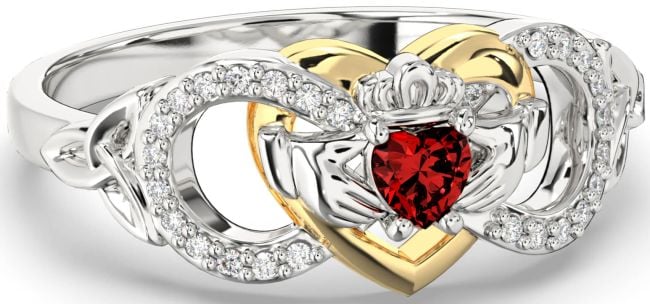 Diamond Garnet White Yellow Gold Infinity Claddagh Heart Celtic Trinity Knot Ring