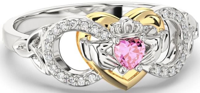 Diamond Pink Tourmaline White Yellow Gold Infinity Claddagh Heart Celtic Trinity Knot Ring