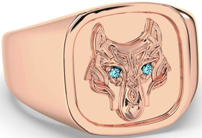 Men's Aquamarine Rose Gold Silver Celtic Wolf Signet Ring Mens Ladies Unisex