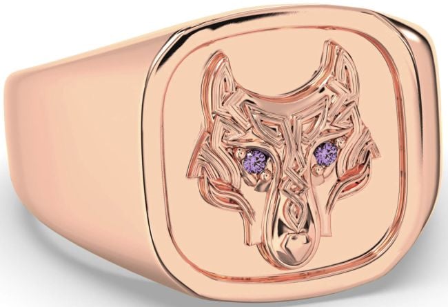 Men's Alexandrite Rose Gold Silver Celtic Wolf Signet Ring Mens Ladies Unisex