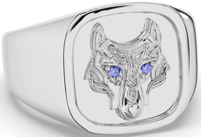 Men's Sapphire Silver Celtic Wolf Signet Ring Mens Ladies Unisex