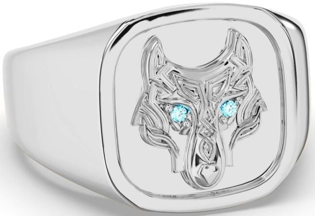 Men's Topaz Silver Celtic Wolf Signet Ring Mens Ladies Unisex