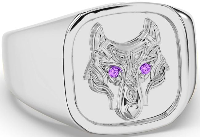 Men's Amethyst White Gold Celtic Wolf Signet Ring Mens Ladies Unisex