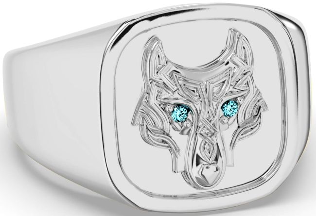 Men's Aquamarine White Gold Celtic Wolf Signet Ring Mens Ladies Unisex