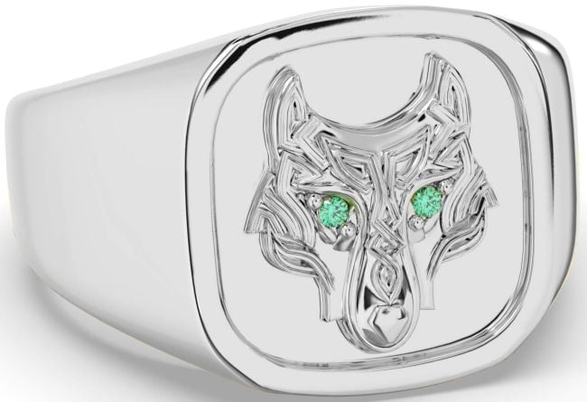 Men's Emerald White Gold Celtic Wolf Signet Ring Mens Ladies Unisex