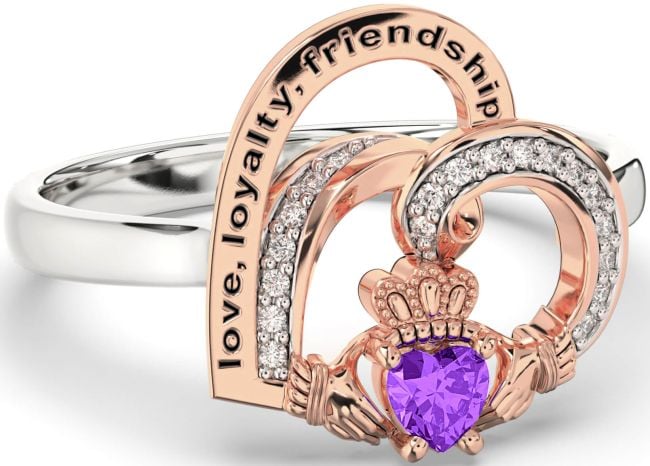 Diamond Amethyst Rose Gold Silver Irish Claddagh 