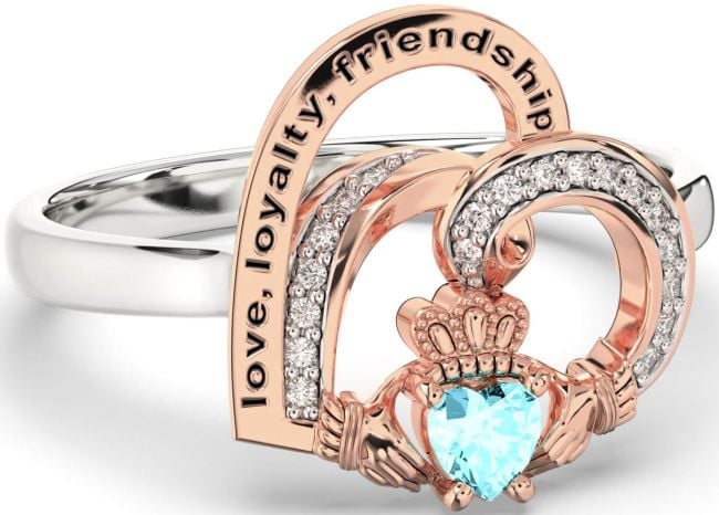 Diamond Aquamarine Rose Gold Silver Irish Claddagh 