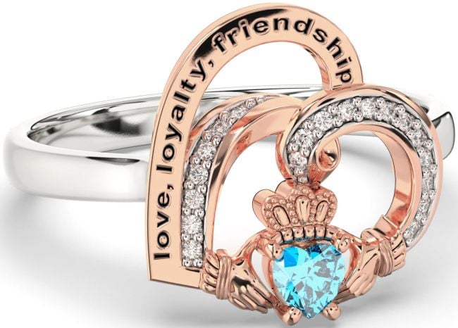 Diamond Topaz Rose Gold Silver Irish Claddagh 