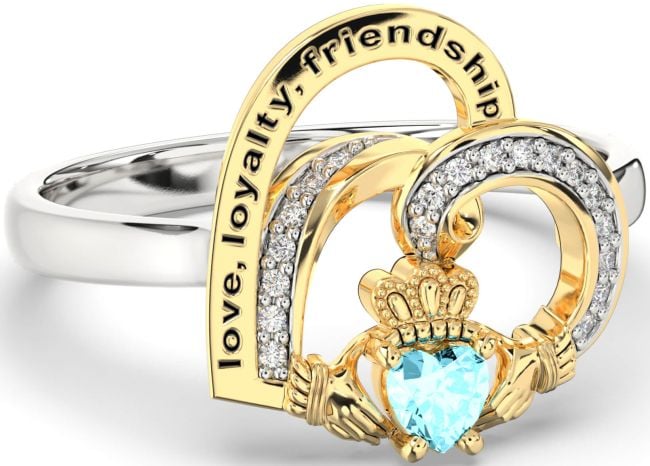 Diamond Aquamarine Gold Silver Irish Claddagh 