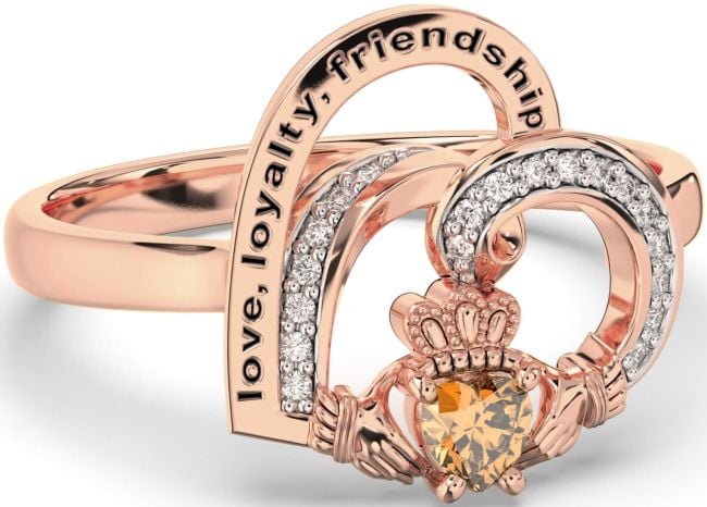 Diamond Citrine Rose Gold Silver Irish Claddagh 